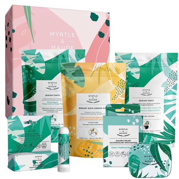 Myrtle & Maude - Ultimate Morning Sickness Nausea Relief Bundle - Peppermint & Ginger Herbal Tea, Vitamin B6 Peppermint Bon Bons & Ginger Gin Sweets, Aromatherapy Inhaler Stick & Acupressure Wristband