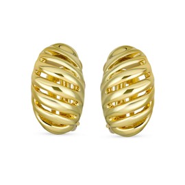 Geometric Grooved Twist Shrimp Half Hoop Classic Diagonal Stripe Twist Dome Clip On Earrings For Women Non Pierced Ears Yellow Gold Plated