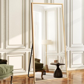 GlasFlength 70"x31" Oversized Standing Mirror with Stand, Free-Standing Leaning Wall-Mounted Body Mirror for Living Room, Bedroom & Cloakroom, Gold