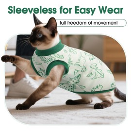 DENTRUN Sleeveless Cat Vest with Dinosaur Print, Breathable Ultra-Soft Dralon Fleece Cat Sweater, All-Season Pet Costume Apparel for Cats, Kitten Clothing for Indoor/Outdoor, Green, M