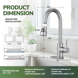 Kitchen Faucet With Pull Down Sprayer, Hurran Brushed Nickel Water Filter Faucets, High Arc Single Handle Kitchen Sink Faucet 1 or 3 Hole, Utility Sink Faucets With Deck Plate For Farmhouse Rv Wet Bar