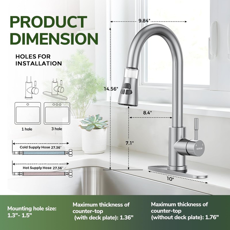 Kitchen Faucet With Pull Down Sprayer, Hurran Brushed Nickel Water