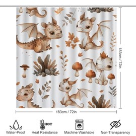 TOWINSFB 4Pcs Cute Animal Leaves Shower Curtain Set with Toilet Lid Cover U-Shaped Mat and Non-Slip Rugs, Playful Cute Baby Dragon Shower Curtain Bathroom Decor Set, 72" X 72"