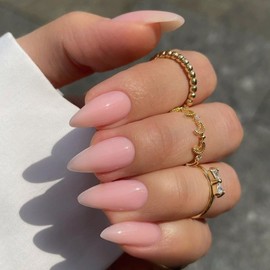 KQueenest Acrylic Press on Nails Almond Medium Length, Dusty Pink False Nails Almond, Glossy Solid Color Stiletto Fake Nails Set, Natural Reusable Gel Stick on Nail for Women Finger Daily Wear 24 Pcs