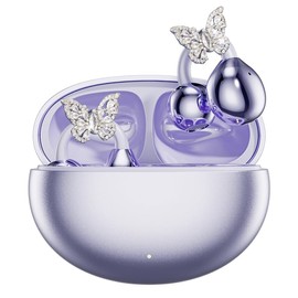 Soinf Women's Wireless Earphones, Designed with Crystal Butterfly Earrings and Open Bluetooth Noise Cancelling Earphones for Running, Suitable for Work, Fitness, Daily wear, and Gifts (Purple)