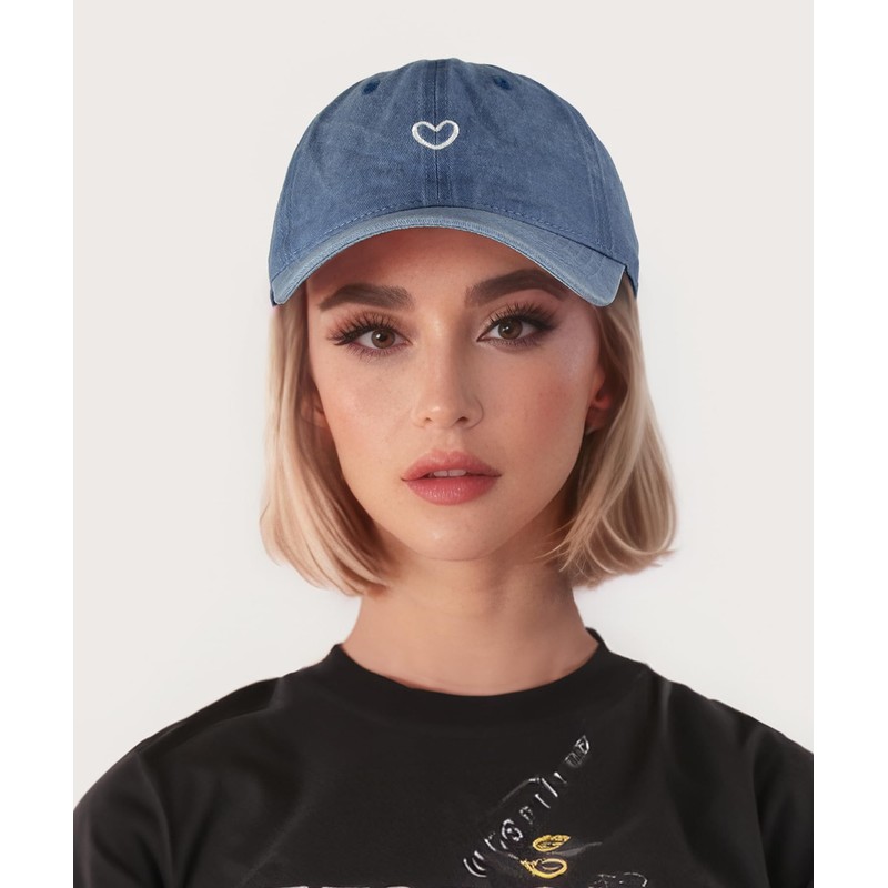 Womens Baseball Cap Vintage Washed Cotton Love Heart Embroidered Adjustable