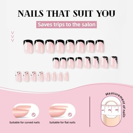 CUZIAM Black White French Press on Nails Square Medium, Sweet Cool Black White Star Glue on False Nails, 24 Pcs Glossy UV Finish Soft Gel Full Cover Stick on Nails for Women Girls Daily Wear Manicure