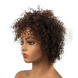 Wiginway Short Kinky Curly Dark Auburn Wigs with Black Root Afro African American Full Wigs Hair Replacement 8 Inch