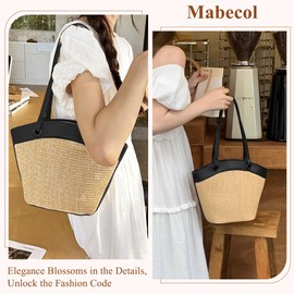 Mabecol Stroh Strandtasche Damen, Basttasche Sommer Mittelgroß, Schultertasche Boho, Stroh Tasche mit Kosmetiktasche, Gewebte Korbtasche Für Strand, Urlaub, Reisen, Alltag, Schwarz