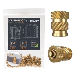 ruthex #8-32 Threaded Inserts - 50 Pieces RX-8-32x8.1 Brass Heat Set Insert for Plastic Parts - Inches UNC knurled Nuts - Insert by Heat into 3D Printing Components
