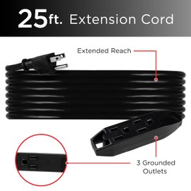 UltraPro 25 Ft Indoor Extension Cords 2 Pack 3 Outlet Power Strip Long Extension Cord with Multiple Outlets Grounded Heavy Duty 16 Gauge ETL Listed Black 50807