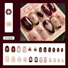 Gold Press on Nails Short Almond Fake Nails with Designs 3D Gold Star Bow Heart Rhinestones False Nails Red Full Cover Acrylic Nails Glue on Nails Artificial Stick on Nails for Women Manicure 30Pcs