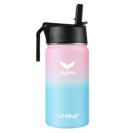 Vmini Water Bottle with Straw, Kids Water Bottle with Wide Rotating Handle Straw Lid, Wide Mouth Vacuum Insulated Stainless Steel Water Bottle, Gradient Pink + Blue, 12 oz