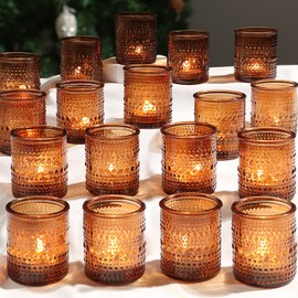36 Pack Vintage Amber Votive Candle Holders, Glass Small Tea Lights Candle Holders for Table Centerpiece for Home Decor Party Fall Boho Decor (Amber)