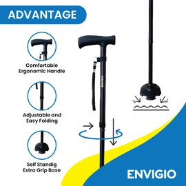 Envigio Foldable Walking Cane for Men & Women | Free Standing Cane | Pivot Tip, Heavy Duty | Height Adjustable | Comfortable T Handles | Fold up Aluminum Cane | Walking Sticks for Seniors | Black
