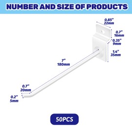 Waltool 50Pcs 8 Inches White Slatwall Panel Hooks Bulk Set, Metal Slat Wall Hanging Display Hanger Hooks, Pegboard Organizer for Gridwall Garage Shop Retail
