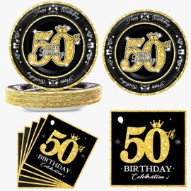 algpty 60 PCS 50th Birthday Plates and Napkins Set, 50th Birthday Decorations Black and Gold, Service for 30,50th Birthday Party Supplies, 50th Birthday Plates and Napkins for Men Women