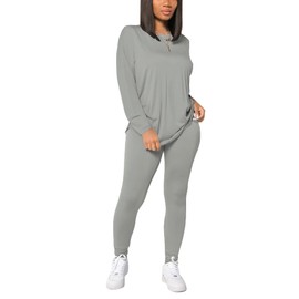 HBQ Women's Casual 2 Piece Outfits Long Sleeve Sweatsuits Drop Shoulder Tracksuits Biker Workout Jogger Sets Light Grey S