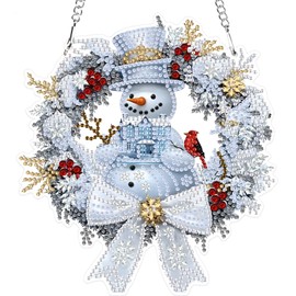 MXJSUA Christmas Snowman Special Shaped Hanging Diamond Painting Art Kits for Adults, Wreath Cardinal Crystal Rhinestone Acrylic Gem Art Pendant Ornaments Kit for Home Decor and Gift 7.24 * 7.82 Inch