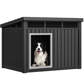 YITAHOME Plastic Dog House, Indoor & Outdoor Dog Kennel with Lift-Up Sloping Roof, Waterproof & Ventilated for Small to Medium Dogs, Easy to Clean Design, Black