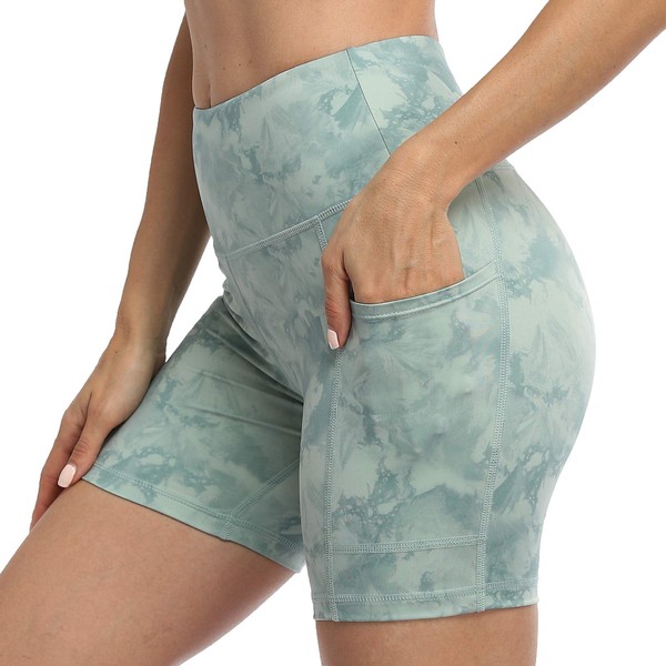 RAYPOSE Yoga Tie Dye Shorts for Women Workout Print Tummy Control Shorts Biker High Waist Shorts with Pockets 5” Dark Seagreen-XXL