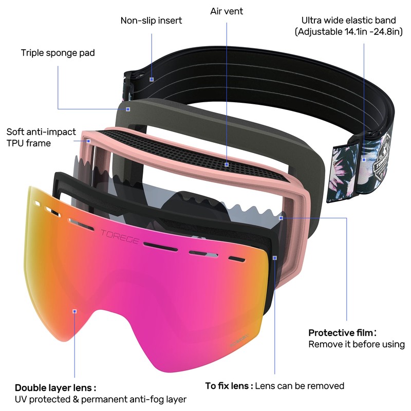 TOREGE Ski Goggles, Snow Sports Goggles with Anti-fog Spherical Lens,