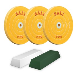 SALI 3 Pack Polishing Wheel for Bench Grinder Buffing Wheel 8 inch Yellow Cotton (50 Ply) for Buffer Polisher Coarse Polish Pad 5/8'' Arbor Hole with Polishing Compound Kit