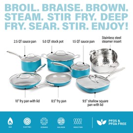 Gotham Steel Aqua Blue Pots and Pans Set, 12 Piece Nonstick Ceramic Cookware Set, Includes Frying Pans, Stockpots & Saucepans, Stay Cool Handles, Oven & Dishwasher Safe, 100% PFOA Free, Turquoise