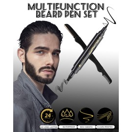Beard Pencil Filler for Men Black, Waterproof Long-Lasting Dual End 4 Tips Beard Pen Filler with Beard Brush Razor kit, Barba Dye Filler Pen Set for Hairline Moustache Eyebrow Eyeliner Natural Filling