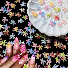60PCS Flower Nail Art Charms 3D Hawaii Flowers Nail Rhinestones Glow in Dark Hibiscus Floral Nail Gems Nail Diamonds Nail Jewelry Luminous Ice Flower Nail Supplies for Women Girls Manicure Decorations