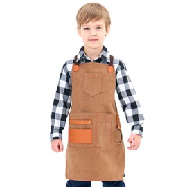 NEOVIVA Heavy Duty Work Apron for Kid Boys with Pockets and Adjustable Cross-back Straps, Durable Canvas Tool Apron for Son, Style Drew, Golden Rod