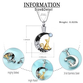 Hearbeingt Urn Necklace for Ashes for Women Men Moon Cat Cremation Jewelry for Ashes Pendant Memorial Necklace Gift(Gold)