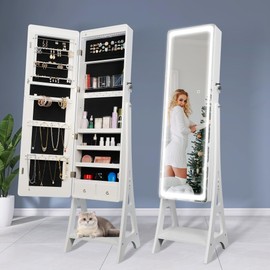 STARLEAD LED-Mirror-Jewelry-Armoire-Cabinet-Organizer-Standing, Full Length Door/Wall-Mounted with Lockable, 3 Colors Dimmable Light, Memory Function, Velvet Lining, Large Storage
