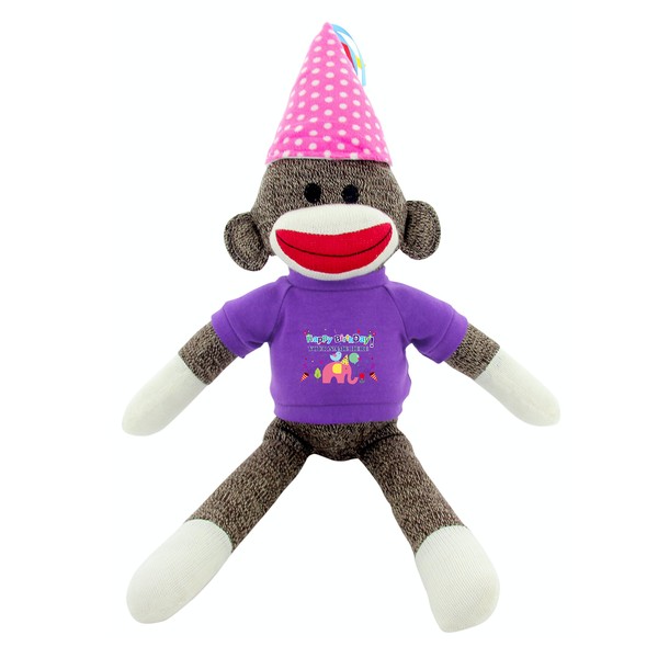 Plushland Custom Text Sock Monkey 20" - Adorable Birthday Gift for Kids, Adults and Friends, Personalized Name on Its T-Shirt Best Party Gift with (Birthday Pink Dot Hat)