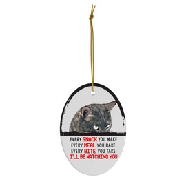 Every Snack You Make I'll Be Watching You Black Bengal Cat Christmas Ornament - Funny White Oval Ceramic Decoration Gifts for Cat Lovers