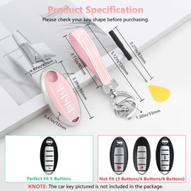 PIFOOG Key Fob Cover for Nissan 5 Button Pink Car Keys Shell Case Bling Keychain Protector Accessories for Altima Sentra Rogue Pathfinder Murano Armada Maxima Versa Soft TPU Girly Women