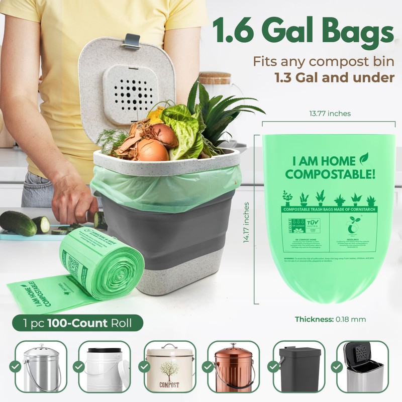 AIRNEX Compostable Trash Bags Small 1.6 Gal - 100 Count