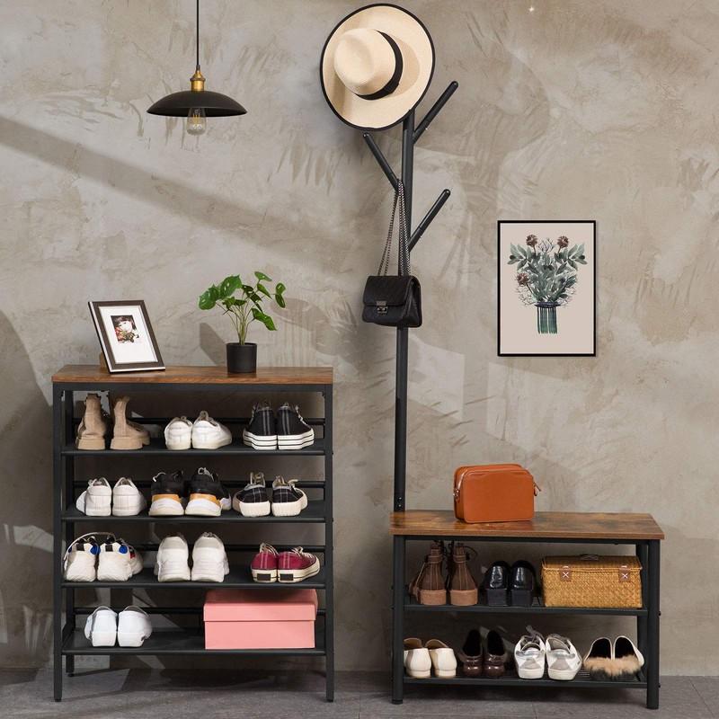 HOOBRO Coat Rack Shoe Bench, 3-Tier Shoe Rack, Industrial Shoe
