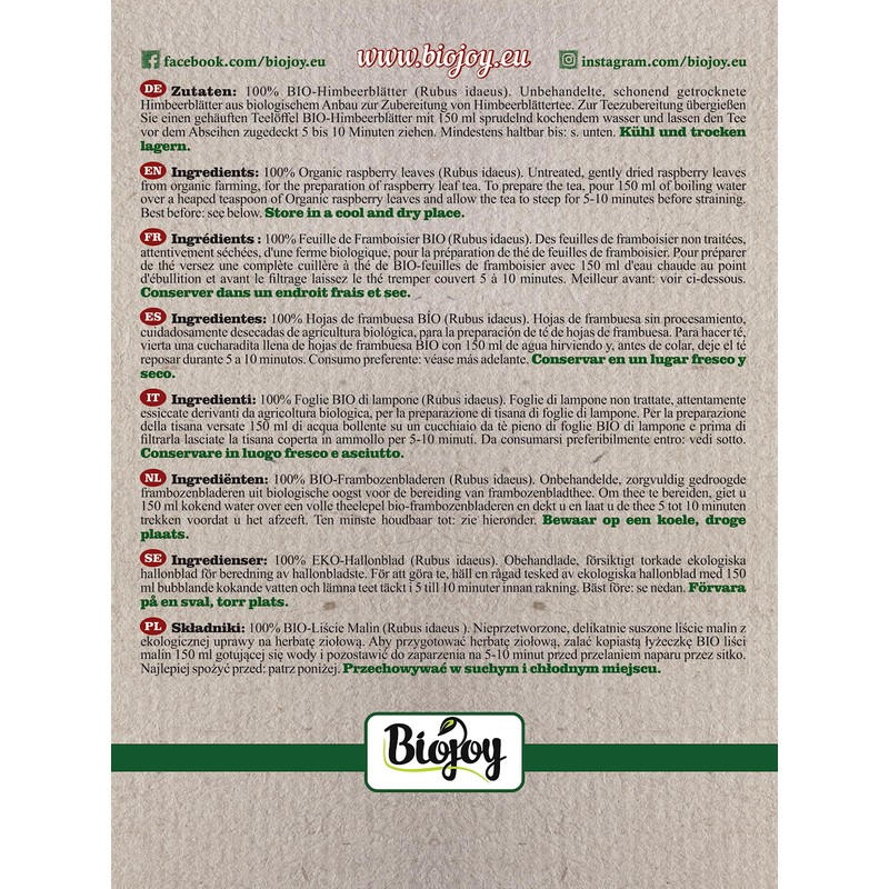 Biojoy Organic Raspberry Leaf Tea (500g), Raspberry Leaves Cut, Raspberry