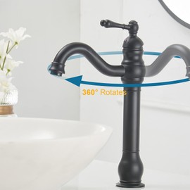 BATHLAVISH Black Vessel Sink Faucet Tall Farmhouse Single Hole Single Handle Vanity Lavatory Matte 360° Swivel for Bathroom with Pop Up Drain Without Overflow