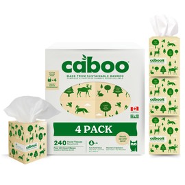 Caboo Bamboo Facial Tissues, 3 Ply Natural Bamboo Tissue Paper, Pack of 4, Eco Friendly Hypoallergenic Tissue Boxes, 60 Tissues Per Box, 240 Total Tissues