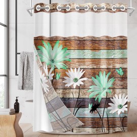 Nesphy No Hook Vintage Farmhouse Shower Curtain with Snap in Fabric Liner Set, Green Daisy Floral and Butterfly on Wooden Double Layers Waterproof with See Through Top Bath Curtain 71x74 Inch