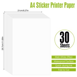 Sticker Paper for Printer A4, 30 Sheets White Printable Vinyl Sticker Paper, Waterproof Printable Sticky Labels for Inkjet & Laser Printers