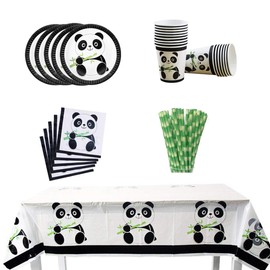 66 Pcs Panda Disposable Tableware Set Panda Party Supplies with Panda Plates Cups Napkins Straws Tablecloth for Kids Baby Shower Birthday Decorations