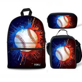 FOR U DESIGNS School Backpack for Boys Baseball Bookbag Canvas Lightweight Lunch Bags Tote Pencil Case Set 3 Pce