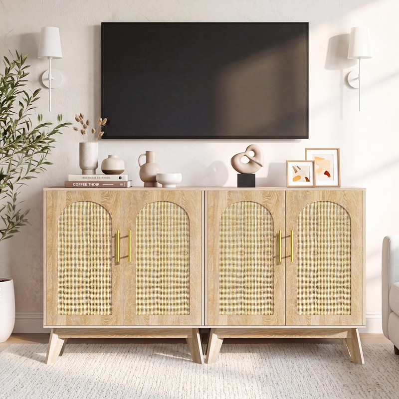 Sideboard Buffet Cabinet with Storage, Rattan Storage Cabinet with Arched