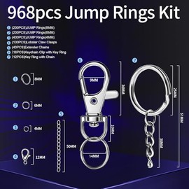 LEOBRO Jump Rings, 968pcs Keychain Making Kit, Jewelry Making Supplies, Jump Rings for Jewelry, Charms, Keychain Clips and Keyrings for Key Chains, Silver