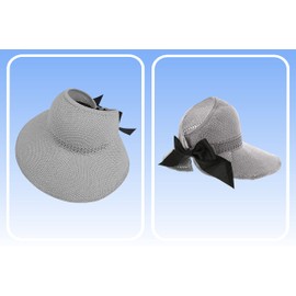 Straw Sun Summer Visor for Women, Female Wide Brim UPF 50+ UV Protection Hat, Ladies Adjustable Roll UP Messy Bun Ponytail Cap, Foldable Packable Beach Travel Hat, Windproof Chin Strap, Light Grey