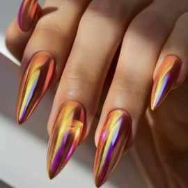 IMRAIN Press on Nails Medium Almond Fake Nails with Laser Designs Reusable Summer False Nails Glossy Glue on Nails Full Cover Acrylic Stick on Nails for Women 24Pcs