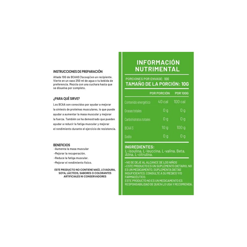 Aminoácidos Bcaas Green Varios Sabores 1kg 100 Servicios